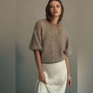 Maeve Anthropologie The Violette Short Sleeve Tinsel Sweater Honey Size S NWT